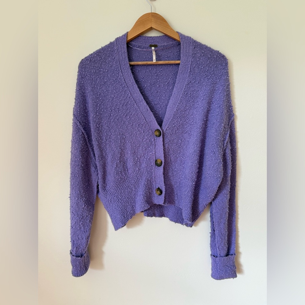 Free People “Found My Friend Cardi” Purple Textured Knit Cardigan Sweater